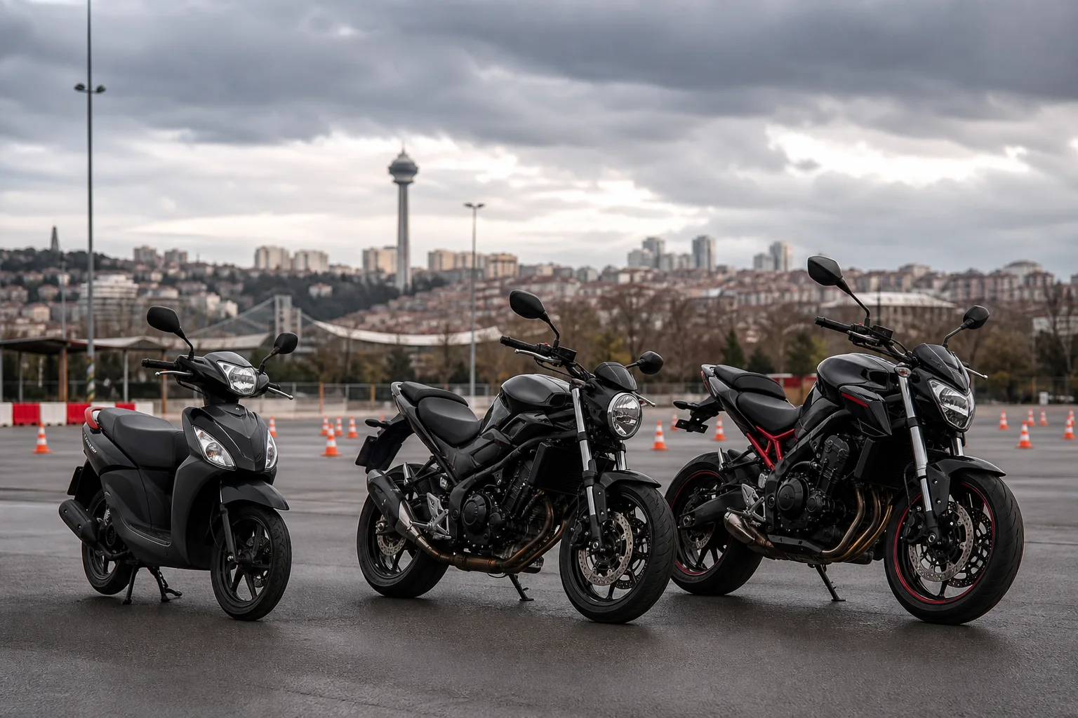 Islak zeminde yan yana park edilmiş üç eğitim motosikleti