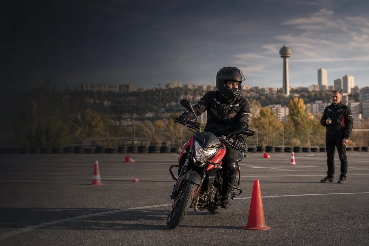 Eğitim parkurunda koniler arasında motosiklet hâkimiyeti çalışan sürücü