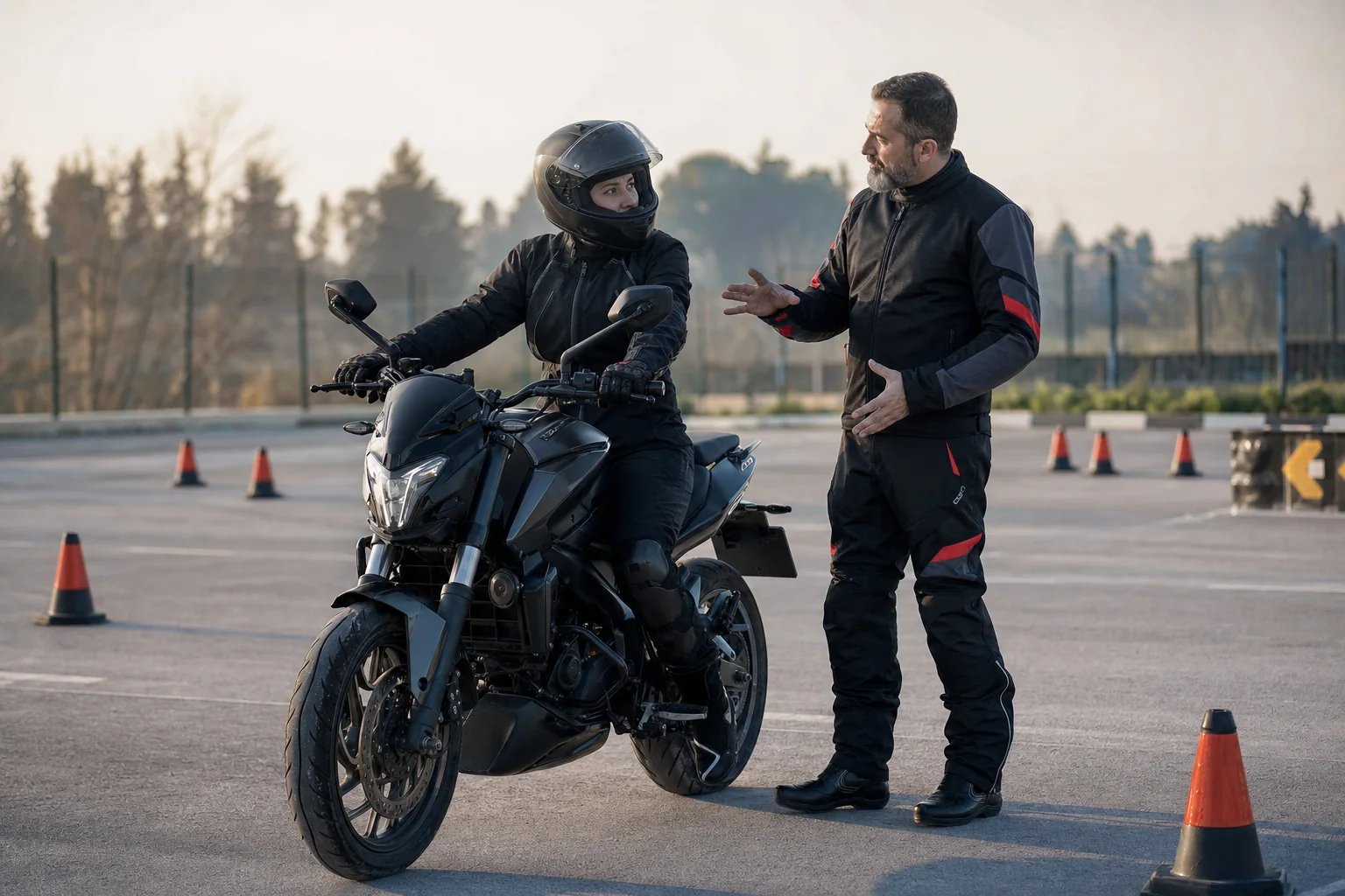 Kask, mont, eldiven, pantolon ve bot kullanan tam ekipmanlı sürücü
