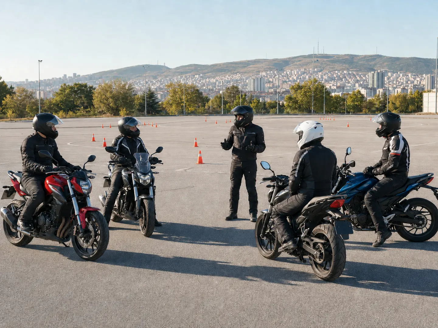 Ankara'daki eğitim parkurunda grup brifingi alan motosiklet sürücüleri