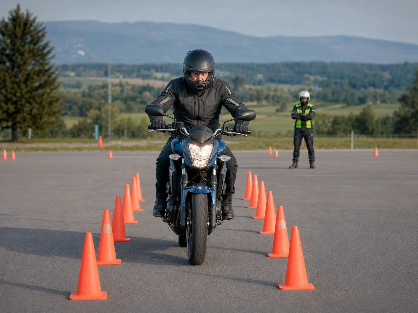 Kapalı eğitim alanında kontrollü sürüş tekniği çalışan motosiklet sürücüsü