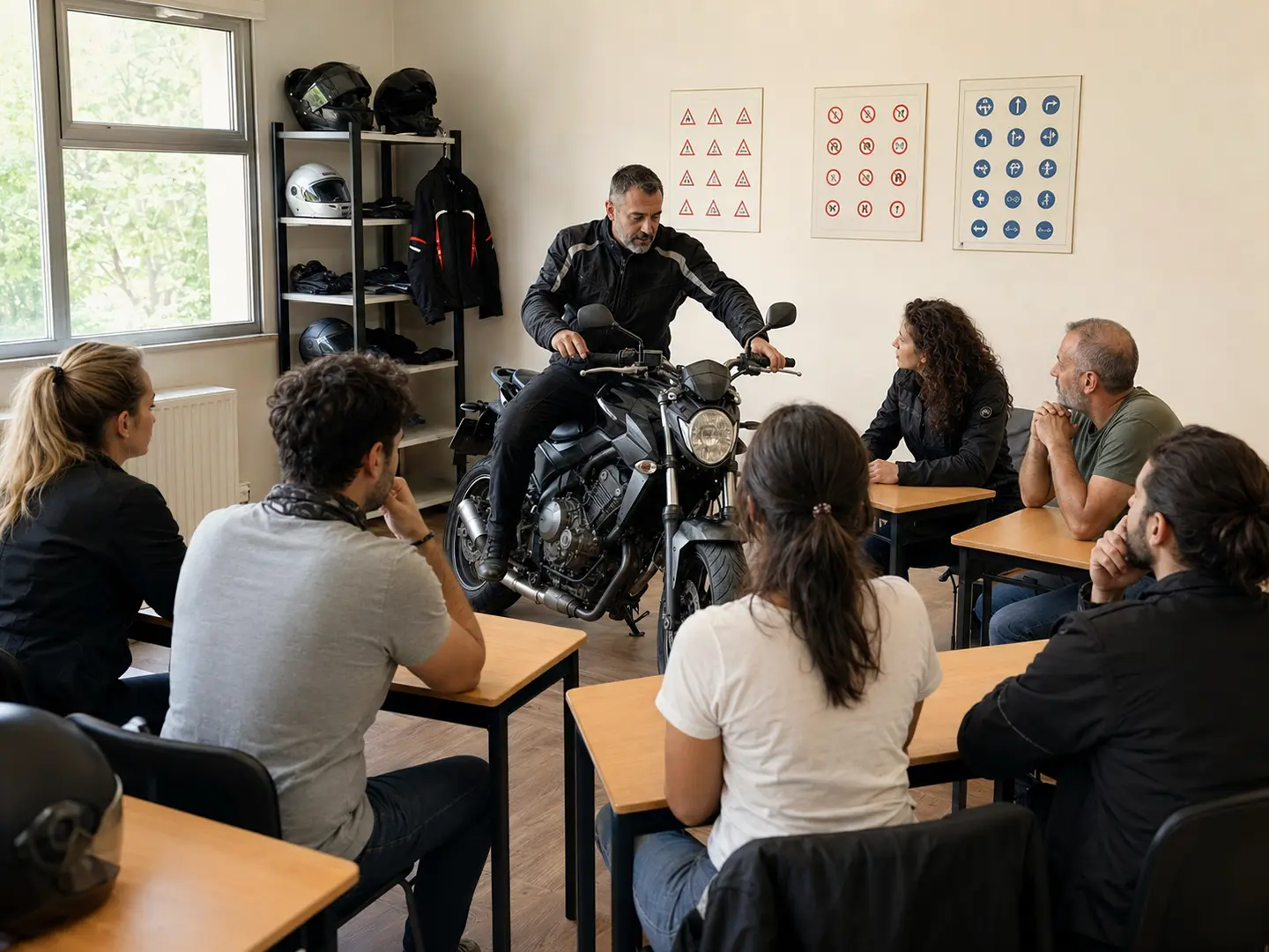 Motosiklet başında teorik ders anlatan eğitmen ve yetişkin kursiyerler