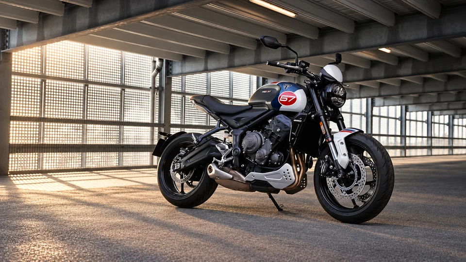 Cinematic view of a Triumph motorcycle bearing the number 67 in a covered garage