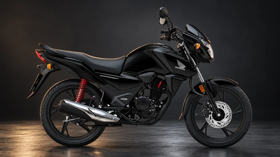 Cinematic studio view of a black Honda motorcycle