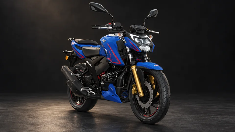 Cinematic studio view of a motorcycle with blue and red details