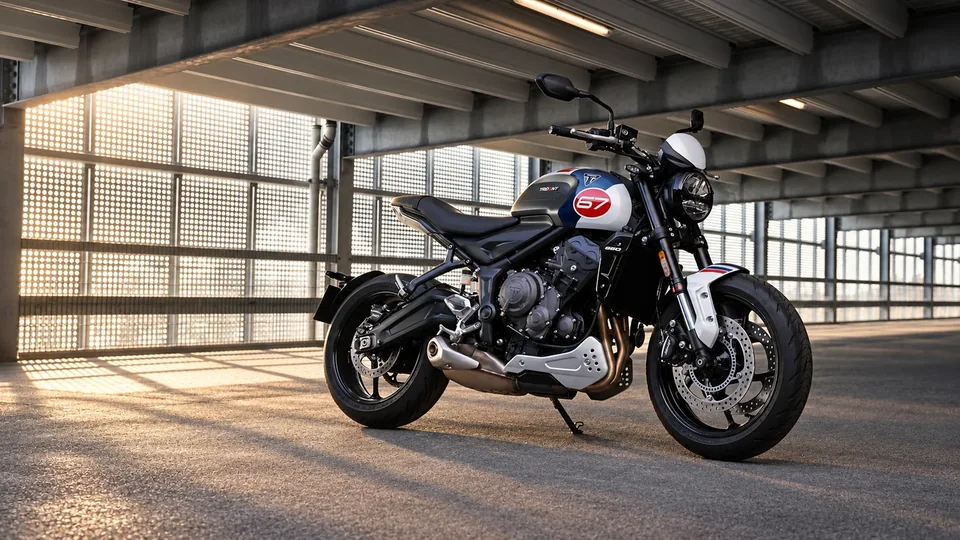 Kapalı garajda 67 işaretli Triumph motosikletin sinematik görünümü