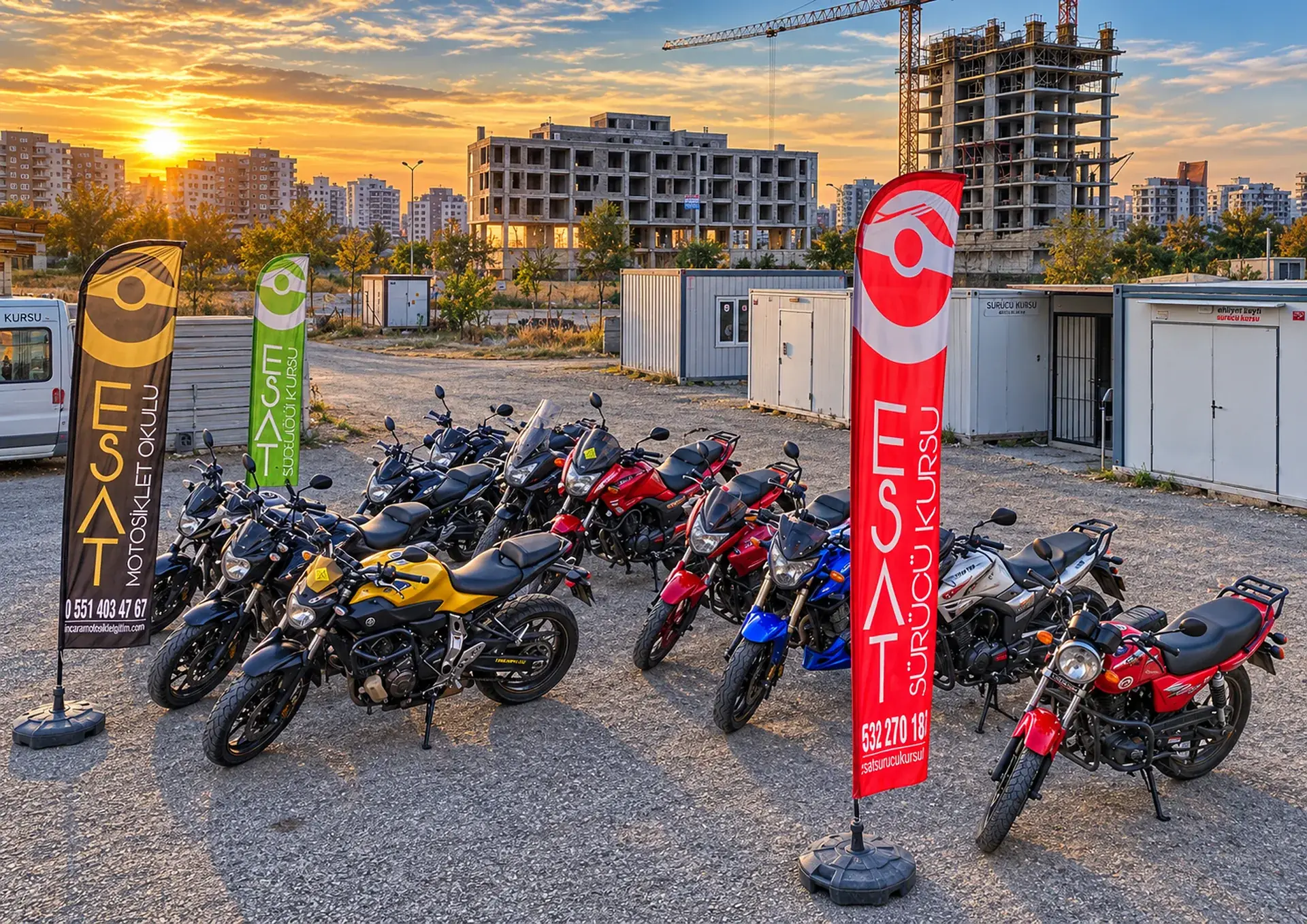 Esat bayraklarının yanında park edilmiş motosikletler ve gün batımı gökyüzü