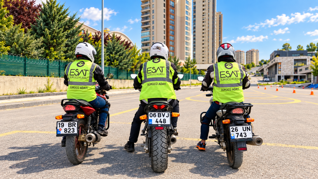 Esat Motosiklet Okulu yelekleriyle grup eğitimine hazırlanan üç motosiklet sürücüsü