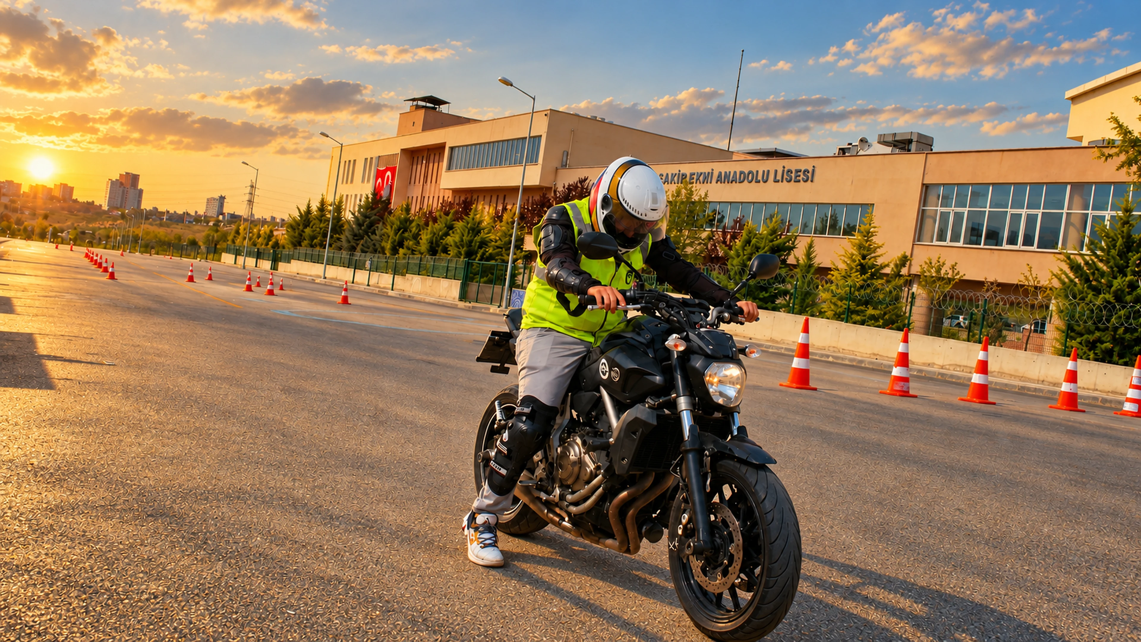 Kasklı sürücü, konilerle işaretlenmiş motosiklet eğitim alanında siyah motosiklet üzerinde