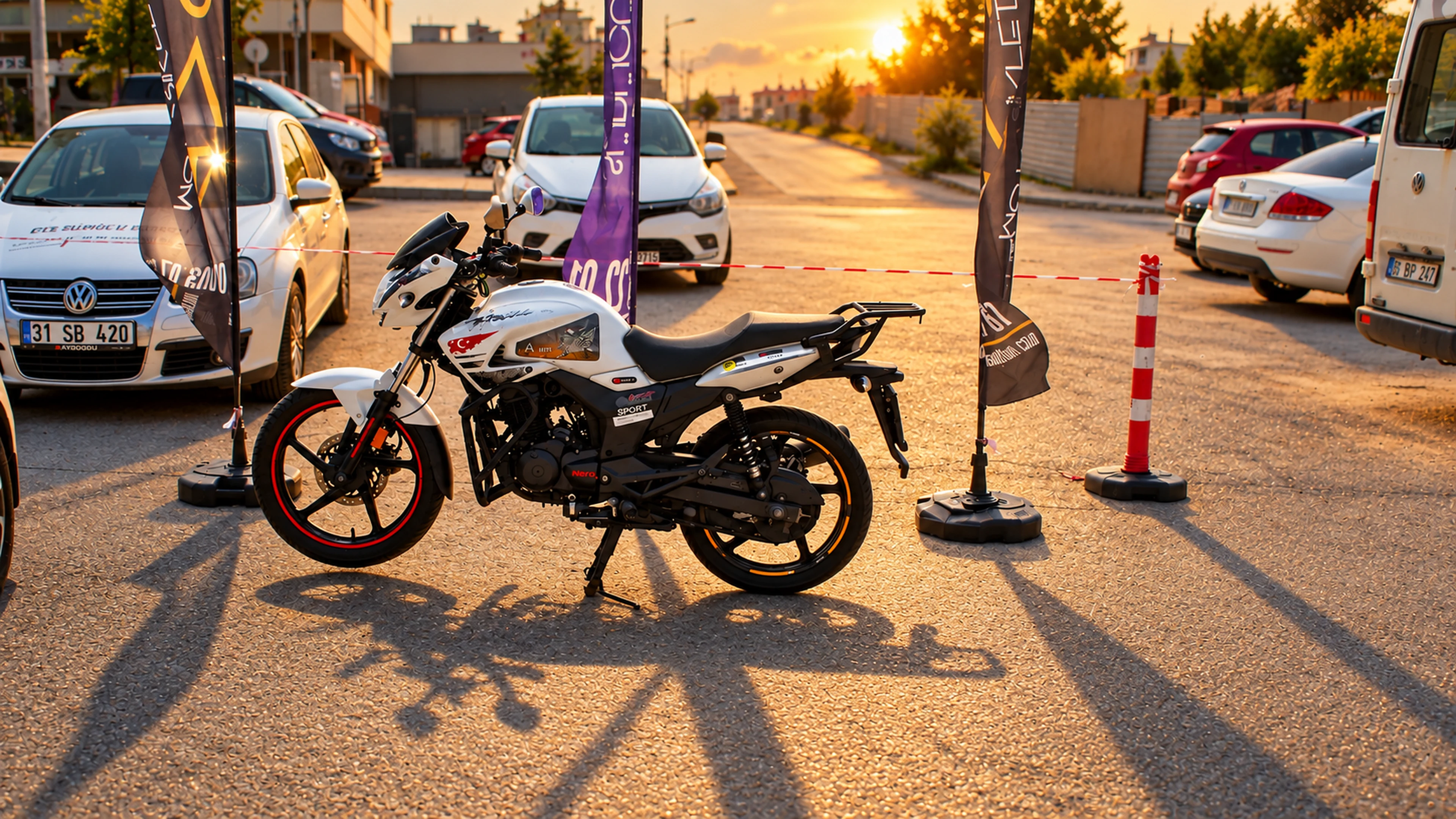 Eğitim alanında beyaz motosiklet ve çevresinde otomobiller