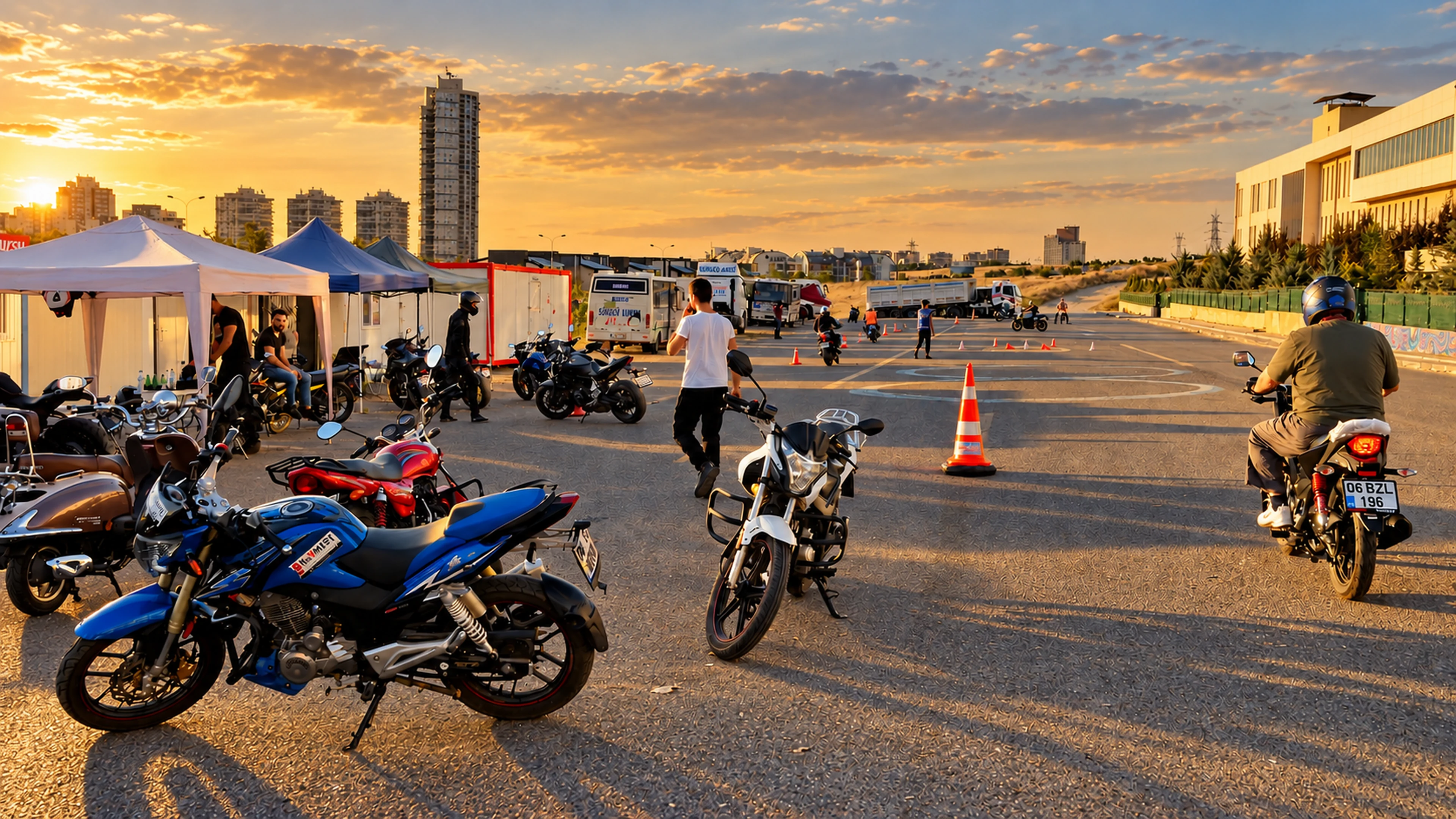 Açık havadaki motosiklet eğitim alanında sürücüler, motosikletler ve koniler