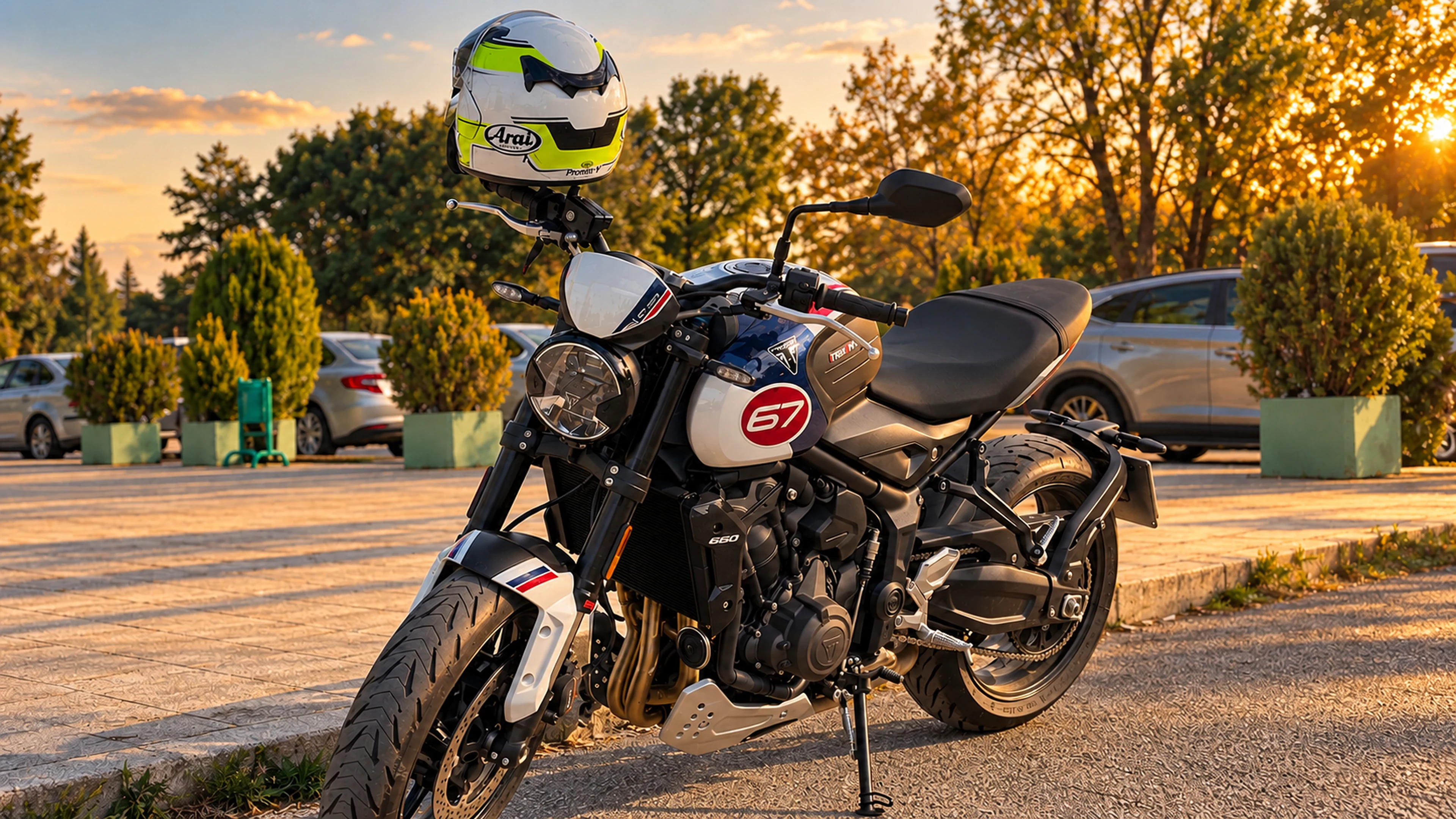 Park halindeki motosikletin üzerinde beyaz ve sarı kask