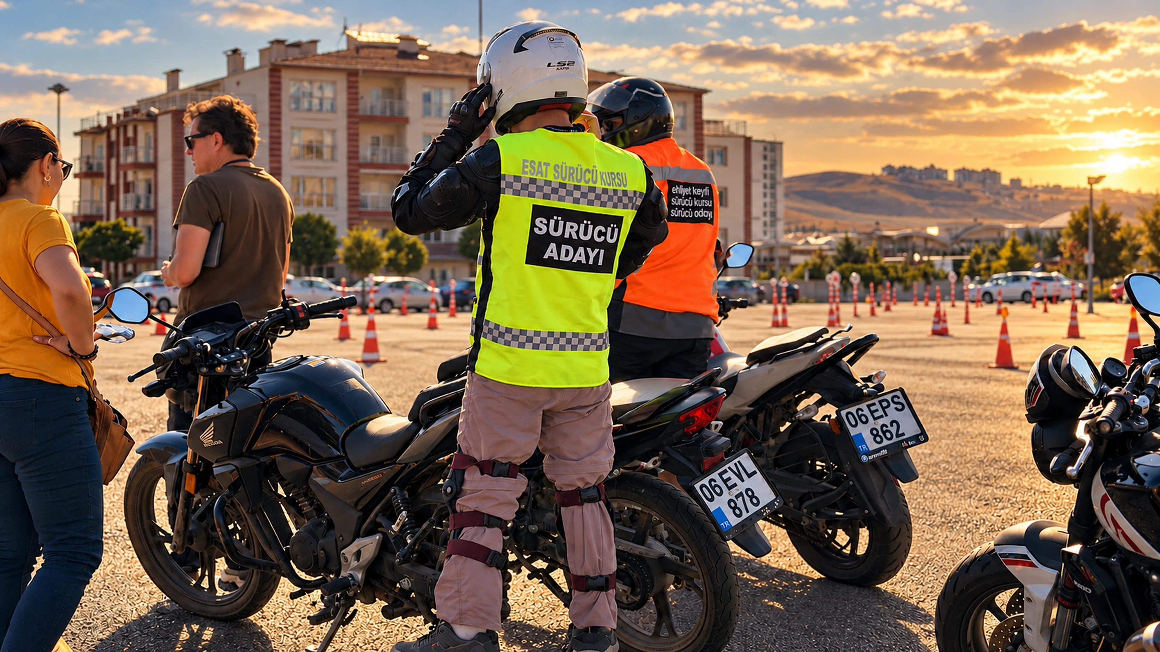 Eğitim alanında kask ve koruyucu yelekli sürücü adayı