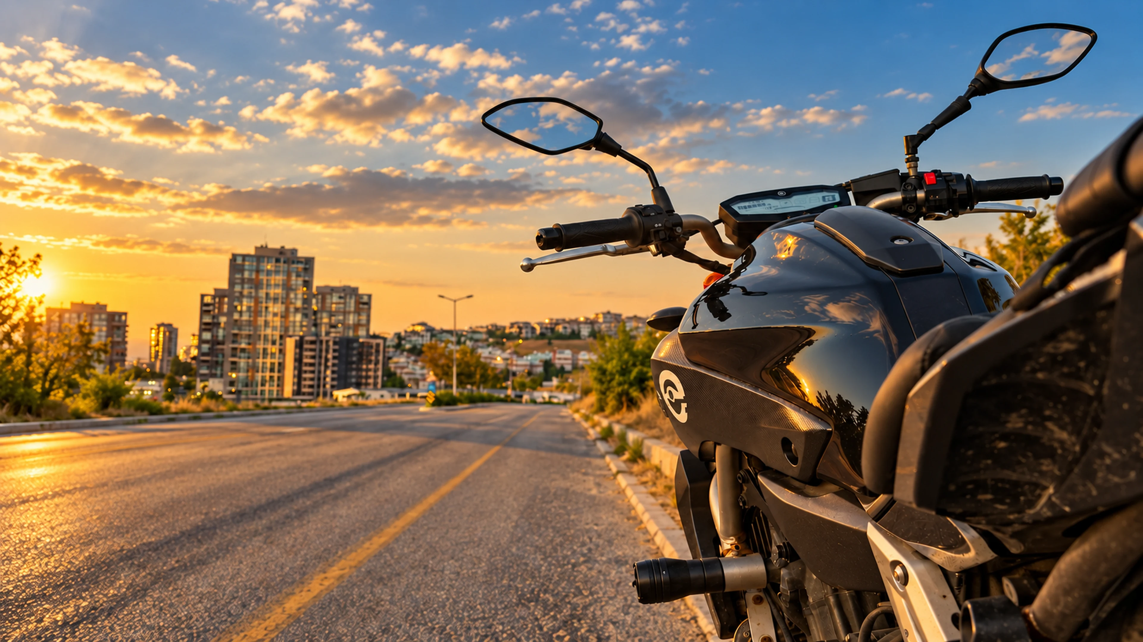 Şehir yolu kenarındaki motosikletin gidonu ve aynaları