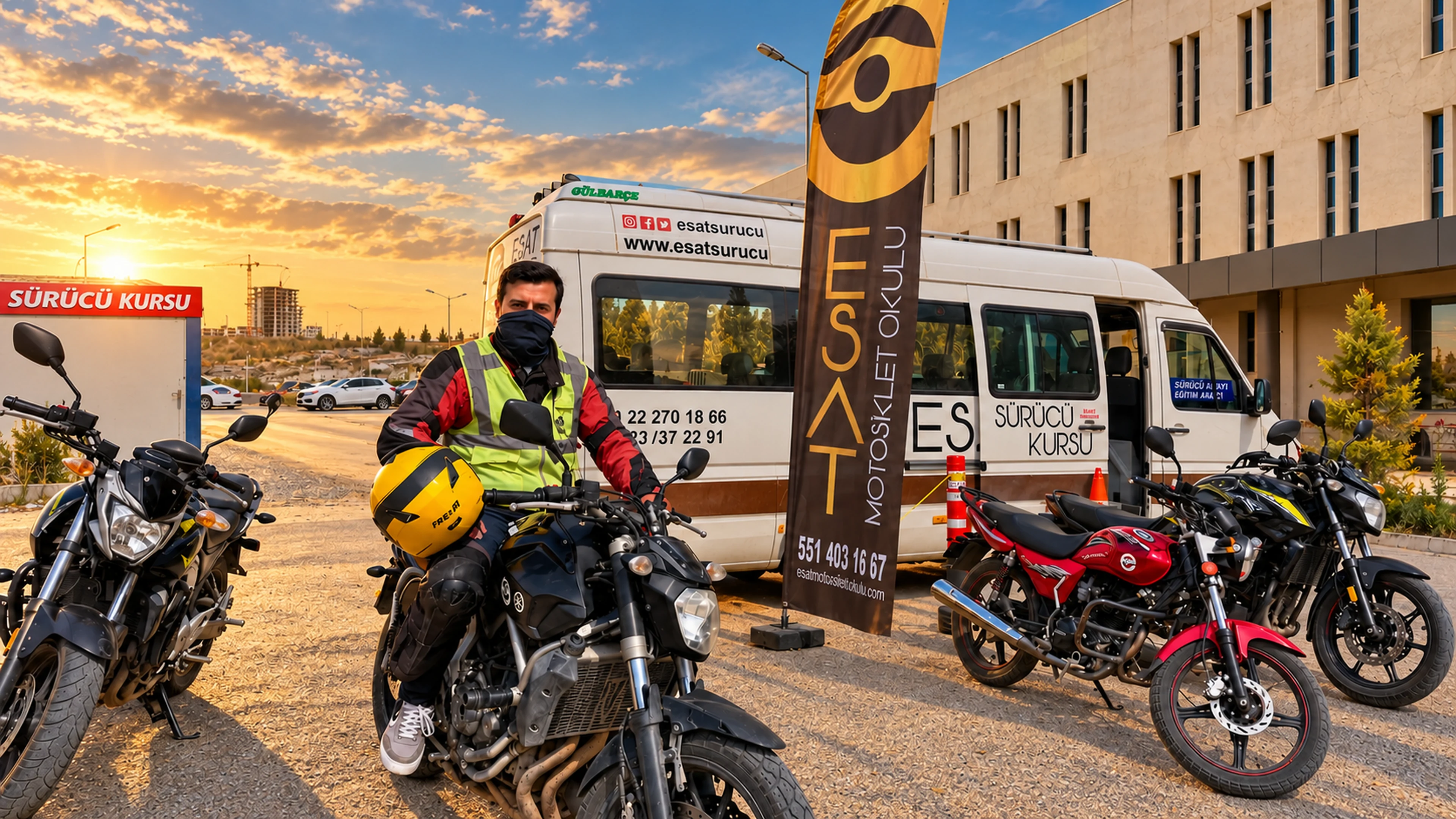 Esat eğitim alanında kasklı sürücü ve motosikletler