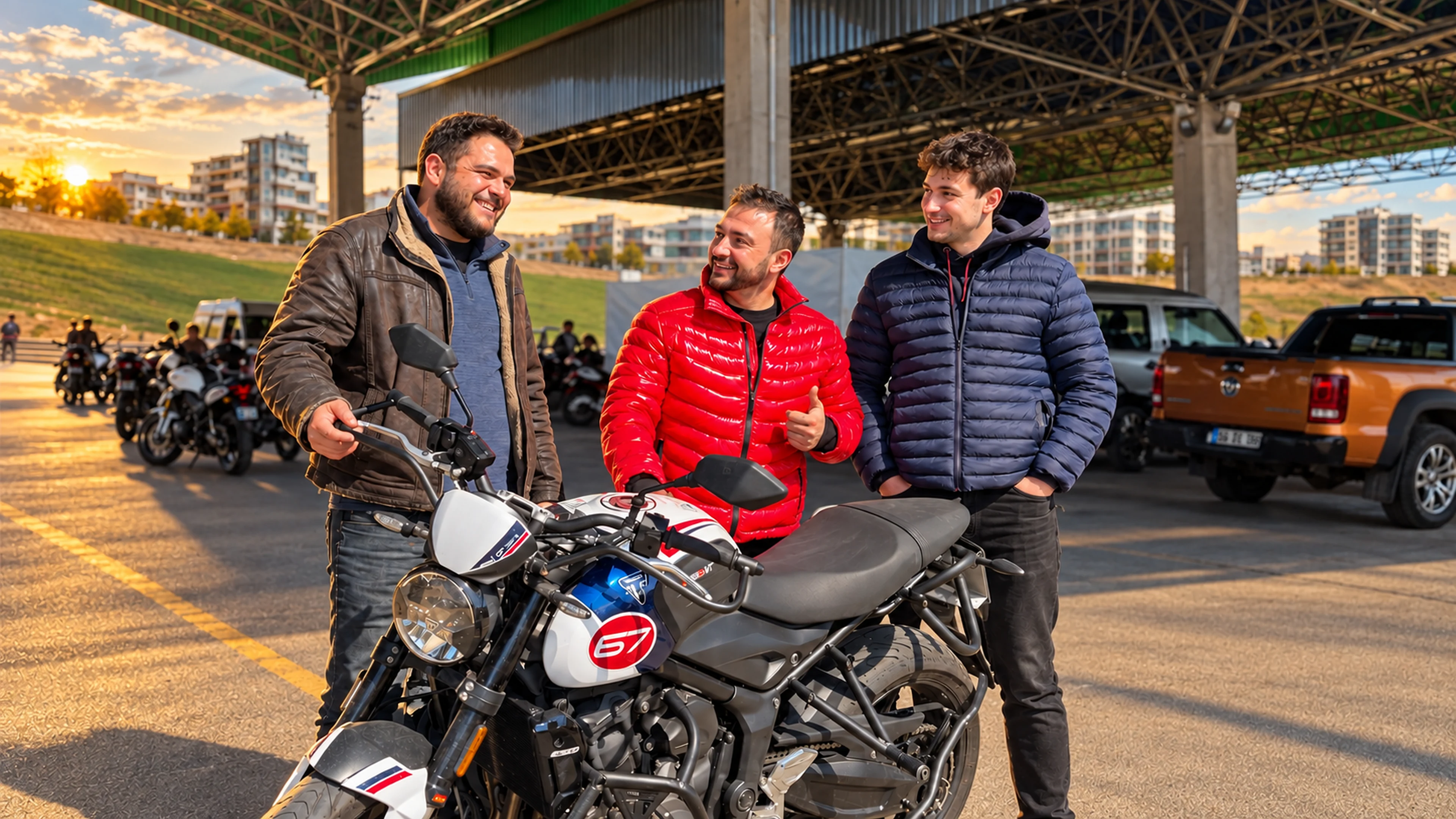 Kapalı alanda motosiklet yanında konuşan üç kişi