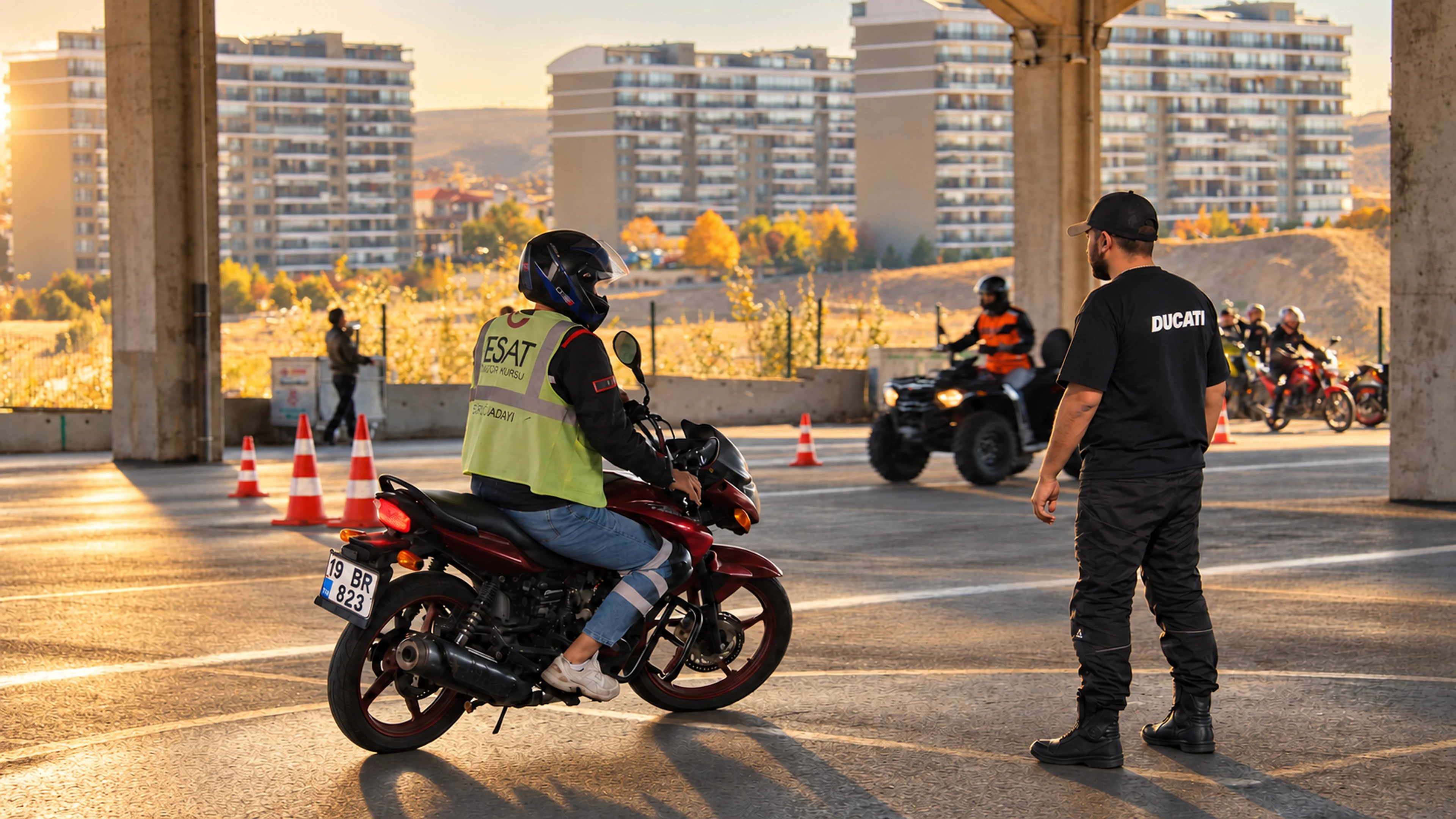 Kapalı eğitim alanında motosikletli sürücü ve eğitmen